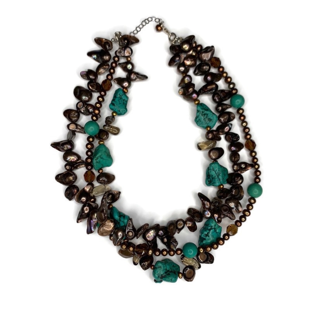 Turquoise Blue Brown Stone Pearl 3 Layer Tier Necklace Choker Boho Worn Twice